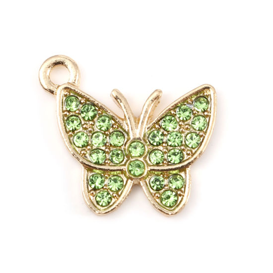 Picture of Zinc Based Alloy Insect Charms Butterfly Animal Gold Plated Micro Pave Green Rhinestone 17mm x 15mm, 5 PCs