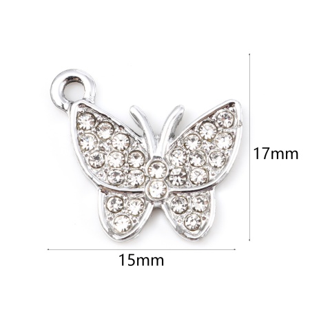 Picture of Zinc Based Alloy Insect Charms Butterfly Animal Micro Pave Multicolor Rhinestone 17mm x 15mm, 5 PCs