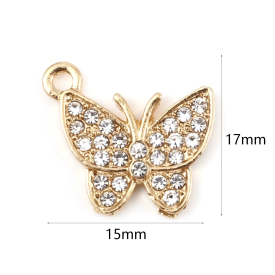 Picture of Zinc Based Alloy Insect Charms Butterfly Animal Gold Plated Micro Pave Clear Rhinestone 17mm x 15mm, 5 PCs