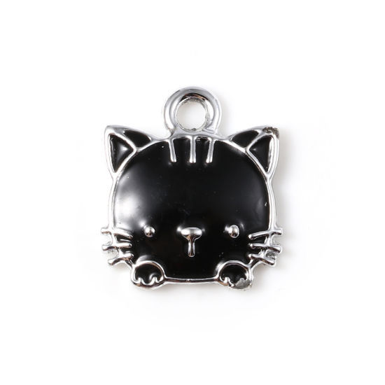 Imagen de Zamak Colgantes Charms Gato Tono de Plata Negro Esmalte 15mm x 13mm, 10 Unidades