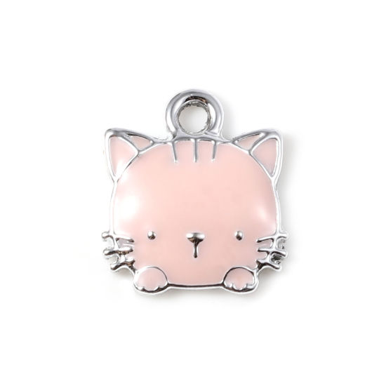 Imagen de Zamak Colgantes Charms Gato Tono de Plata Rosado Esmalte 15mm x 13mm, 10 Unidades