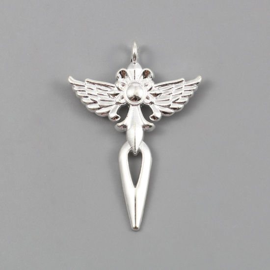 Bild von Religiöse Anhänger aus Zinklegierung, Engel, versilbert, Flügelschwert, 48 mm x 34 mm, 5 Stück