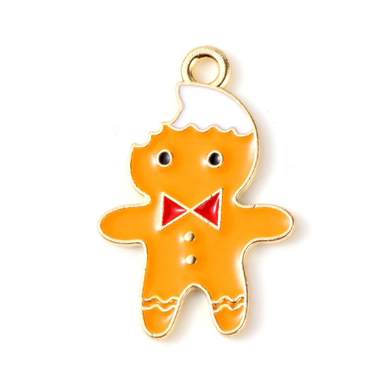 Picture of Zinc Based Alloy Charms Christmas Ginger Bread Man Gold Plated Orange Enamel 24mm x 16mm, 10 PCs