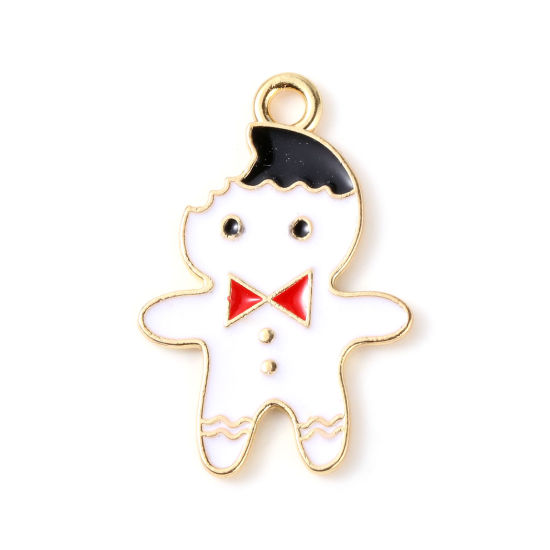 Picture of Zinc Based Alloy Charms Christmas Ginger Bread Man Gold Plated White Enamel 24mm x 16mm, 10 PCs