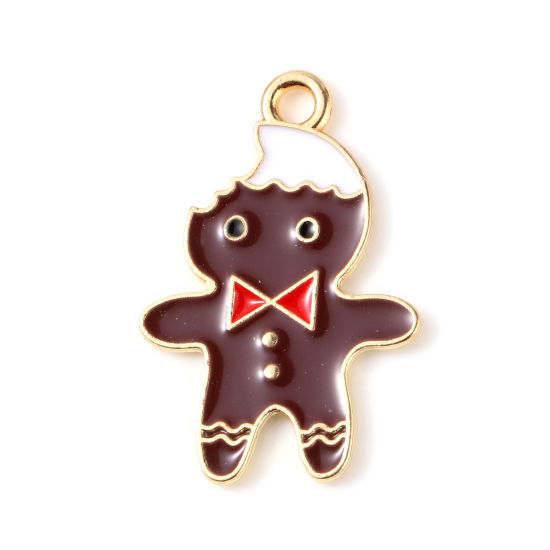 Picture of Zinc Based Alloy Charms Gold Plated Coffee Christmas Ginger Bread Man Enamel 24mm x 16mm, 10 PCs