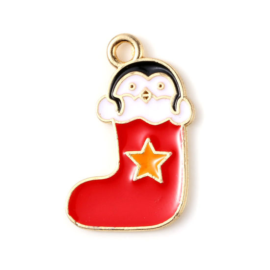 Picture of Zinc Based Alloy Charms Christmas Stocking Gold Plated Red Penguin Enamel 21mm x 13mm, 10 PCs