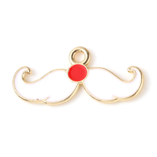 Picture of Zinc Based Alloy Christmas Charms Mustache Gold Plated White & Red Enamel 25mm x 11mm, 10 PCs