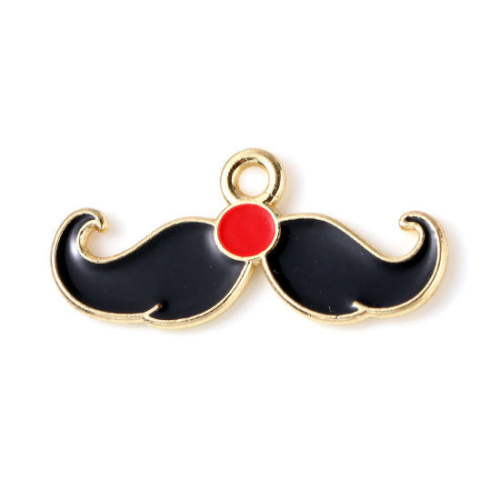 Picture of Zinc Based Alloy Christmas Charms Mustache Gold Plated Black & Red Enamel 25mm x 11mm, 10 PCs