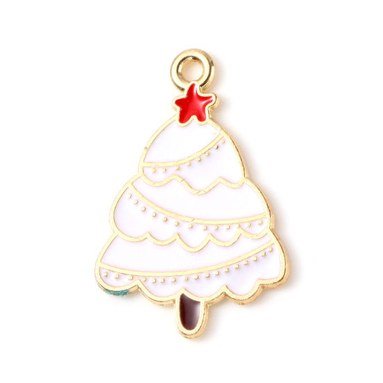 Picture of Zinc Based Alloy Charms Christmas Tree Gold Plated White & Red Enamel 27mm x 18mm, 10 PCs