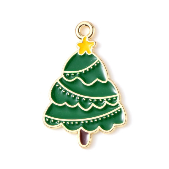 Picture of Zinc Based Alloy Charms Christmas Tree Gold Plated Green & Yellow Enamel 27mm x 18mm, 10 PCs