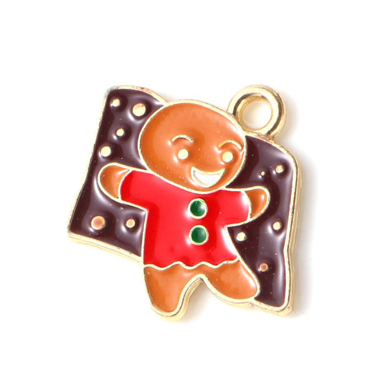 Picture of Zinc Based Alloy Charms Christmas Ginger Bread Man Gold Plated Coffee Enamel 20mm x 16mm, 10 PCs