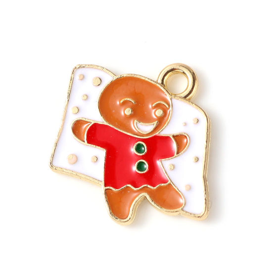 Picture of Zinc Based Alloy Charms Christmas Ginger Bread Man Gold Plated White & Brown Enamel 20mm x 16mm, 10 PCs