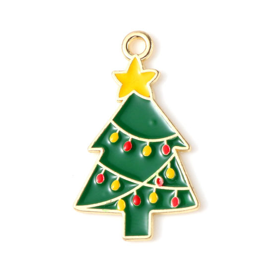 Picture of Zinc Based Alloy Charms Christmas Tree Gold Plated Green & Yellow Enamel 27mm x 16mm, 10 PCs