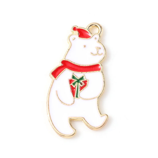 Picture of Zinc Based Alloy Charms Gold Plated White & Red Christmas Gift Box Bear Enamel 25mm x 14mm, 10 PCs