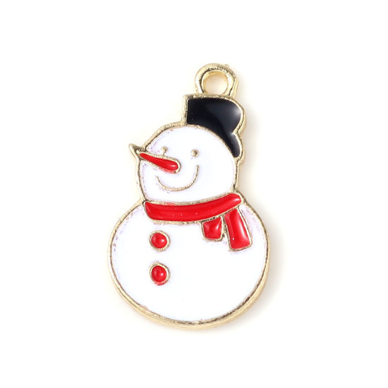 Picture of Zinc Based Alloy Charms Christmas Snowman Gold Plated White & Red Enamel 24mm x 14mm, 10 PCs