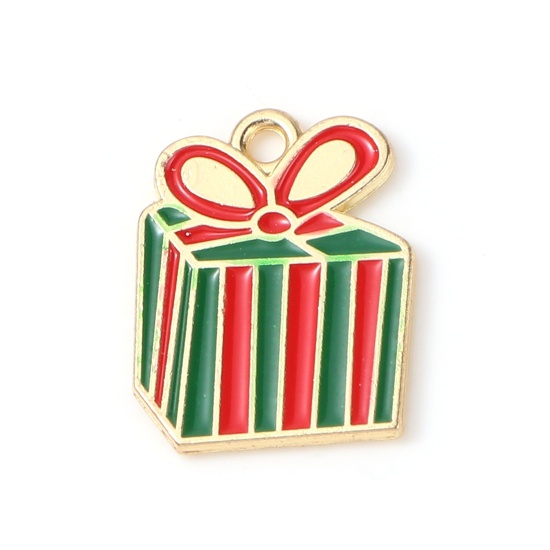 Picture of Zinc Based Alloy Charms Christmas Gift Box Gold Plated Red & Green Enamel 19mm x 15mm, 10 PCs