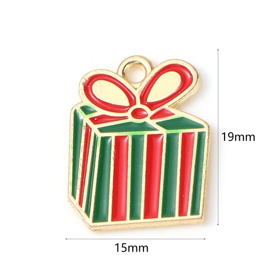 Picture of Zinc Based Alloy Charms Christmas Gift Box Gold Plated Red & Green Enamel 19mm x 15mm, 10 PCs