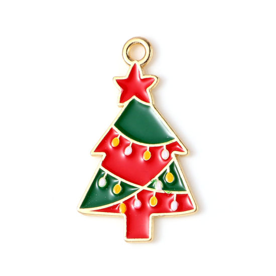 Picture of Zinc Based Alloy Charms Christmas Tree Gold Plated Red & Green Enamel 27mm x 16mm, 10 PCs