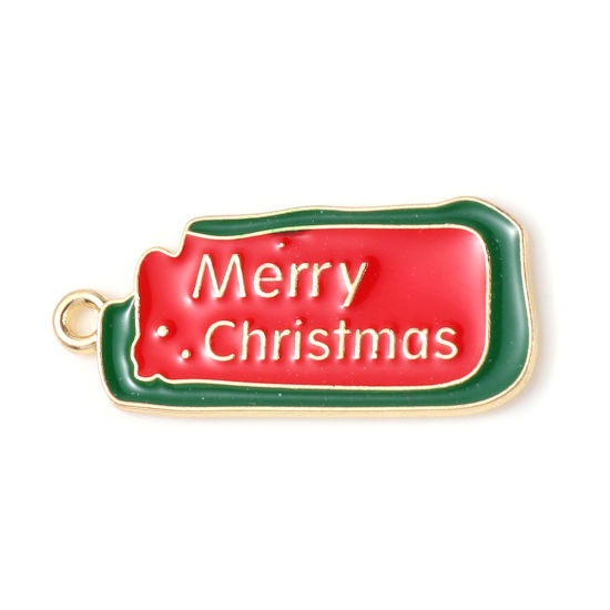 Picture of Zinc Based Alloy Charms Rectangle Gold Plated Red & Green Message " Merry Christmas " Enamel 28mm x 13mm, 10 PCs