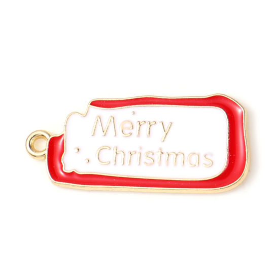 Picture of Zinc Based Alloy Charms Rectangle Gold Plated White & Red Message " Merry Christmas " Enamel 28mm x 13mm, 10 PCs