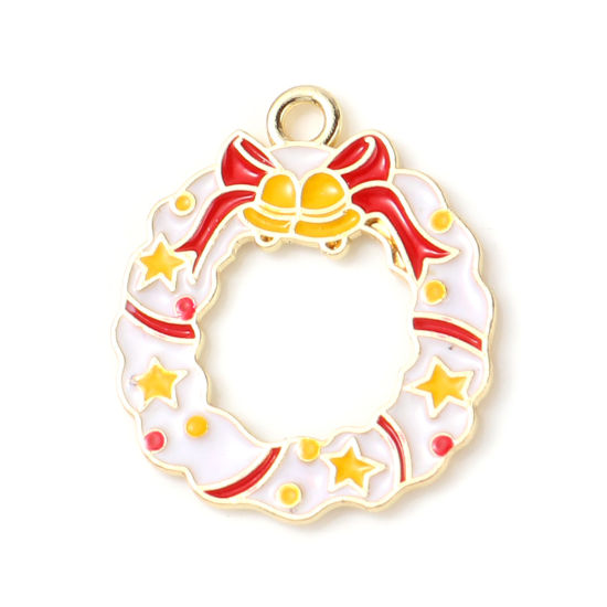 Picture of Zinc Based Alloy Charms Christmas Wreath Gold Plated White & Yellow Enamel 23mm x 20mm, 10 PCs