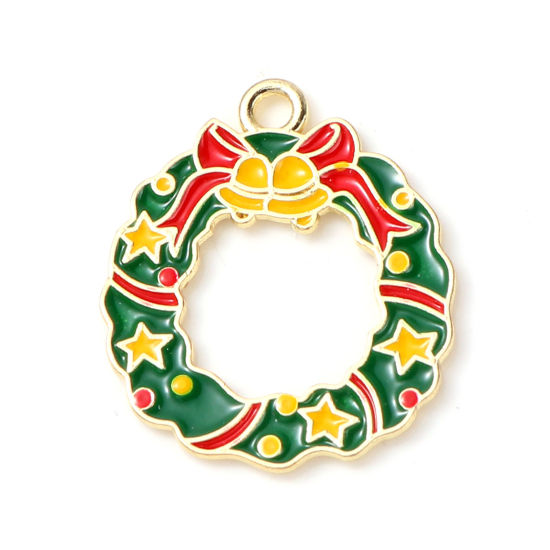 Picture of Zinc Based Alloy Charms Christmas Wreath Gold Plated Green & Yellow Enamel 23mm x 20mm, 10 PCs