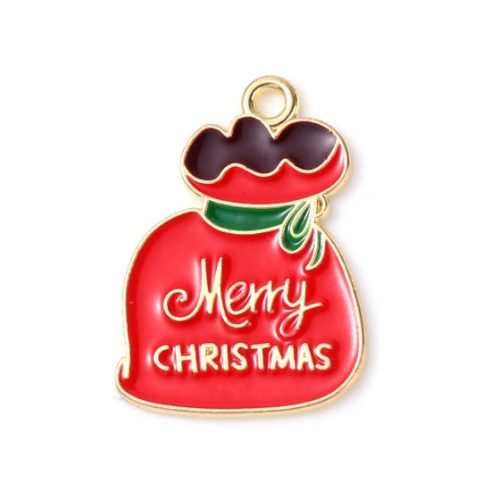 Picture of Zinc Based Alloy Charms Christmas Gift Bag Gold Plated Red Enamel 24mm x 18mm, 10 PCs