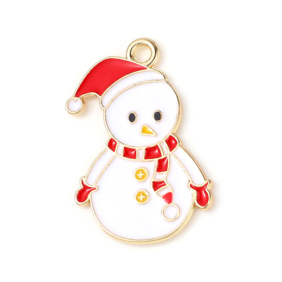 Picture of Zinc Based Alloy Charms Christmas Snowman Gold Plated White & Red Enamel 26mm x 17mm, 10 PCs