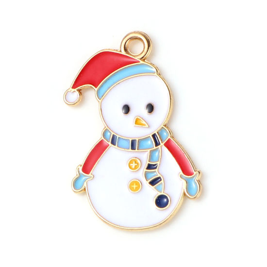 Picture of Zinc Based Alloy Charms Christmas Snowman Gold Plated White & Blue Enamel 26mm x 17mm, 10 PCs