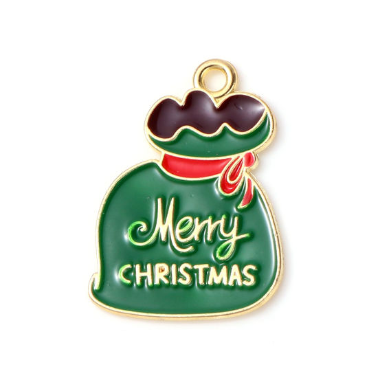 Picture of Zinc Based Alloy Charms Christmas Gift Bag Gold Plated Green Enamel 24mm x 18mm, 10 PCs