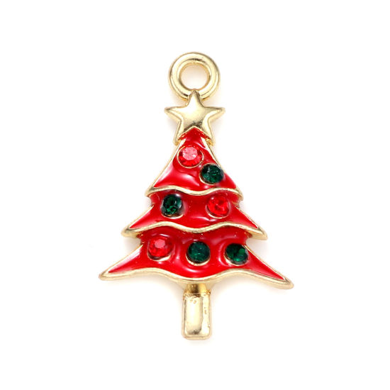 Picture of Zinc Based Alloy Charms Christmas Tree Gold Plated Enamel Red & Green Rhinestone 23mm x 15mm, 5 PCs