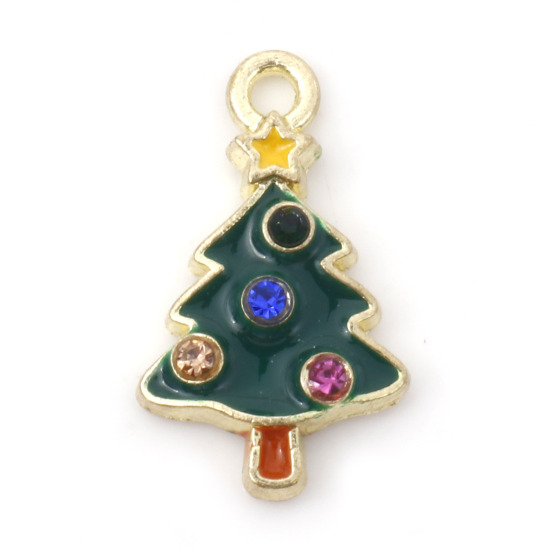 Picture of Zinc Based Alloy Charms Christmas Tree Gold Plated Green Enamel Multicolor Rhinestone 19mm x 11mm, 5 PCs