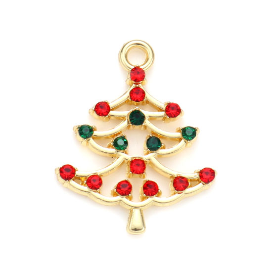 Picture of Zinc Based Alloy Charms Christmas Tree Gold Plated Red & Green Rhinestone 22mm x 17mm, 5 PCs