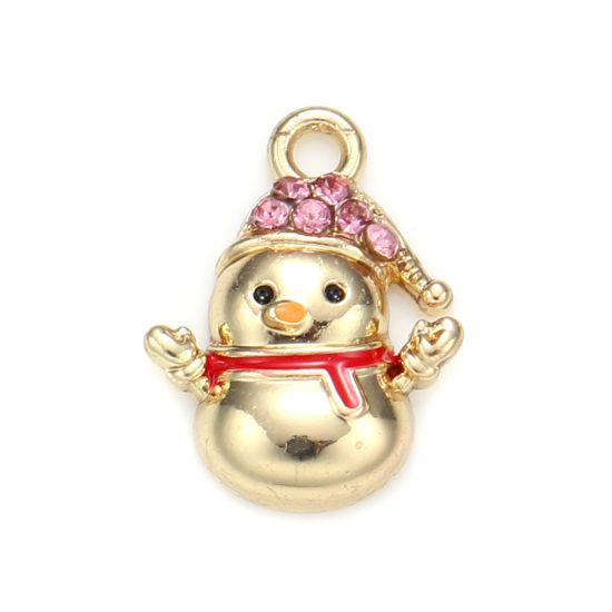 Picture of Zinc Based Alloy Charms Christmas Snowman Gold Plated Pink Rhinestone 16mm x 12mm, 5 PCs