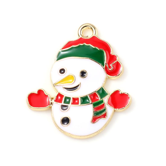 Picture of Zinc Based Alloy Charms Christmas Snowman Gold Plated Multicolor Enamel 23mm x 20mm, 10 PCs