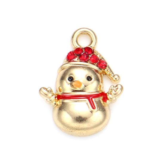 Picture of Zinc Based Alloy Charms Christmas Snowman Gold Plated Red Rhinestone 16mm x 12mm, 5 PCs