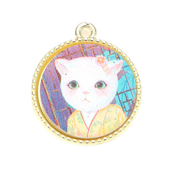 Picture of Zinc Based Alloy & Acrylic Charms Round Gold Plated Multicolor Cat 24mm x 21mm, 5 PCs