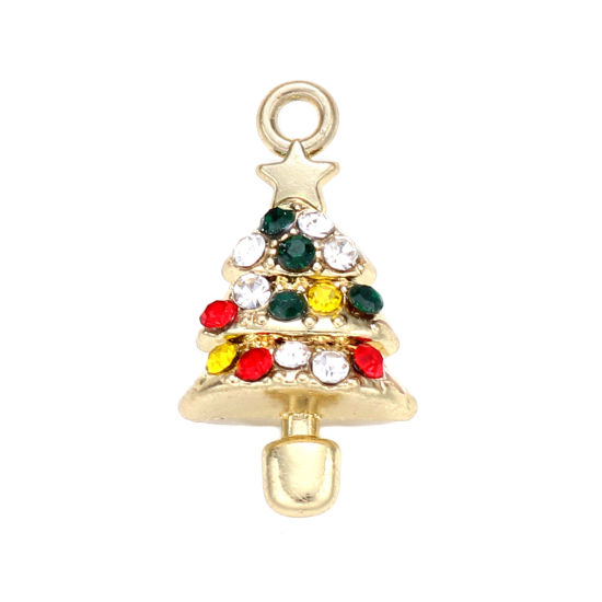 Picture of Zinc Based Alloy Charms Christmas Tree Gold Plated At Random Rhinestone 21mm x 11mm, 5 PCs