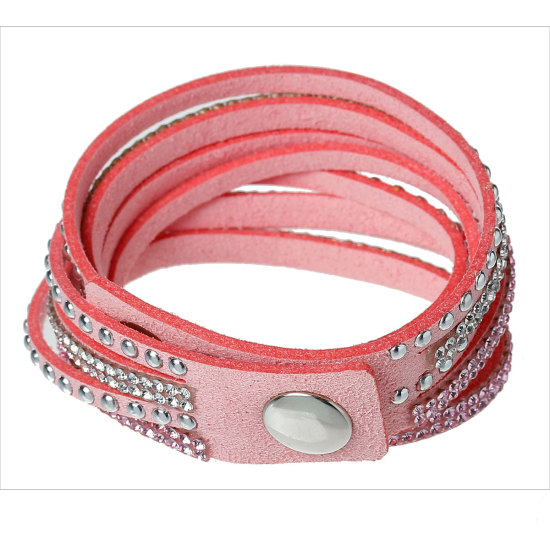 Picture of Fashion Jewelry Faux Suede Velvet Slake Bracelets Silver Tone Pink Clear Rhinestone 39cm(15 3/8") long, 1 Piece