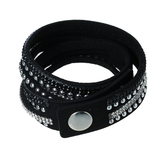Image de Bracelet Strass en Velvet Suédine Noir Argent Mat à Strass Transparent 39cm long, 1 Pièce