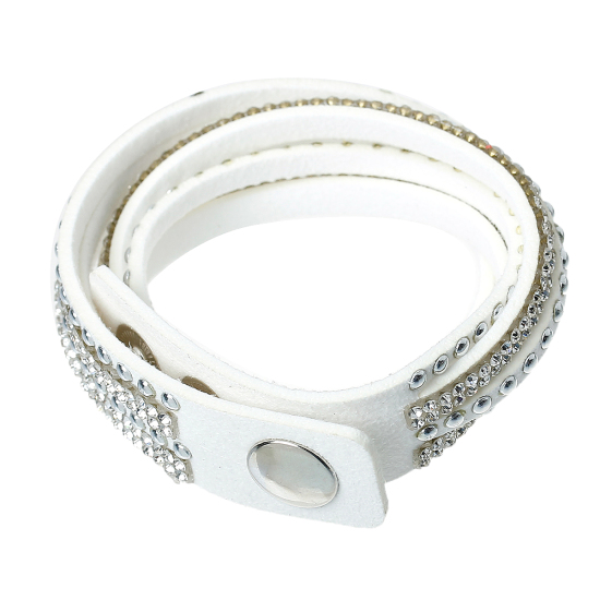 Bild von Moderne Veloursleder Wickelarmband Armband Silberfarbe Weiß Transparent mit Strass 39cm lang 1 Stück