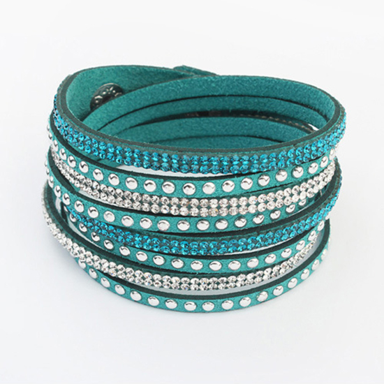 Image de Bracelet Strass en Velvet Suédine Bleu-Vert Argent Mat à Strass Transparent 39cm long, 1 Pièce