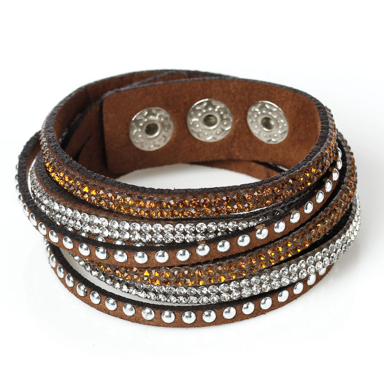 Picture of Fashion Jewelry Faux Suede Velvet Slake Bracelets Silver Tone Coffee Clear Rhinestone 39cm(15 3/8") long, 1 Piece