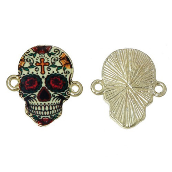 Imagen de Dia de los Muertos Conectores Aleación del Metal Del Zinc de Halloween Cráneo Azúcar , Multicolor y Oro Claro Cruz 20mm x 18mm, 10 Unidades