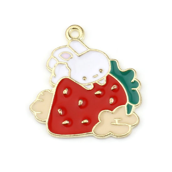 Immagine di Lega di Zinco Charms Coniglio Oro Placcato Bianco & Rosso Fragola Smalto 27mm x 24mm , 10 Pz