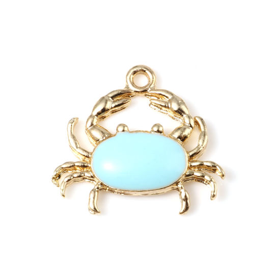 Picture of Zinc Based Alloy Ocean Jewelry Charms Crab Animal Gold Plated Blue Enamel 20mm x 18mm, 10 PCs