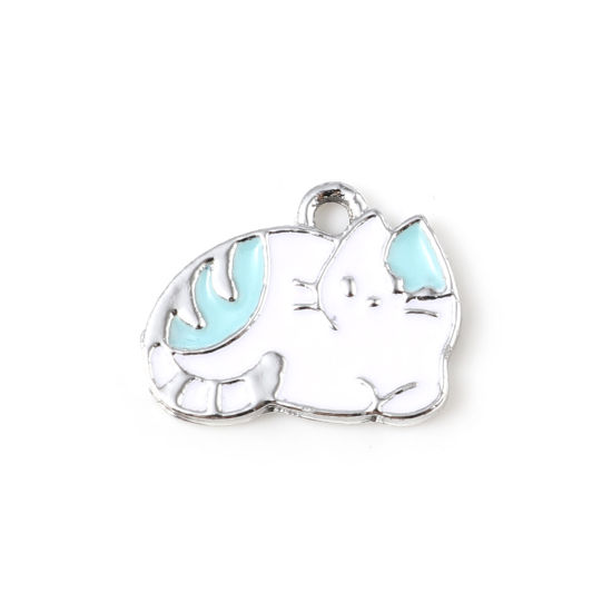 Immagine di Lega di Zinco Charms Gatto Tono Argento Bianco & Blu Smalto 16mm x 12mm , 10 Pz