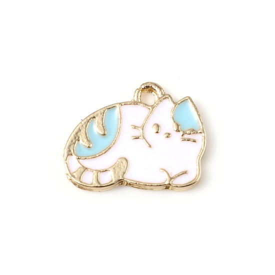 Immagine di Lega di Zinco Charms Gatto Oro Placcato Bianco & Blu Smalto 16mm x 12mm , 10 Pz