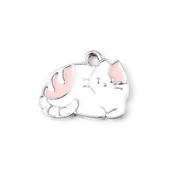 Immagine di Lega di Zinco Charms Gatto Tono Argento Bianco & Rosa Smalto 16mm x 12mm , 10 Pz