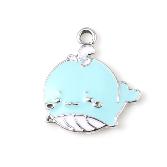 Immagine di Lega di Zinco Gioielli Oceanici Charms Balena Tono Argento Blu Smalto 19mm x 18mm , 10 Pz